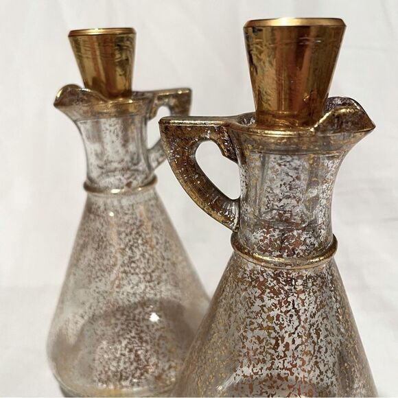Hazel Atlas MCM vintage gold speckled glass set of 2 oil and vinegar cruets - Picture 1 of 10